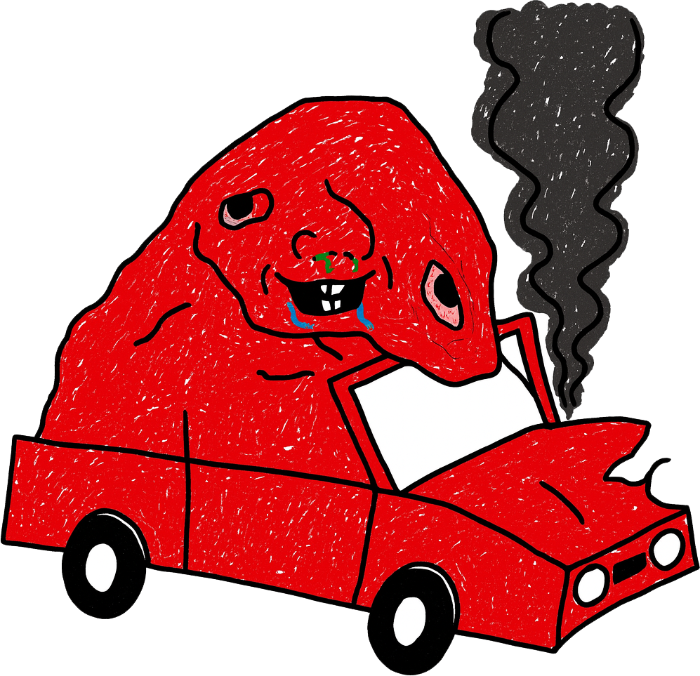 Red character driving car with smoke